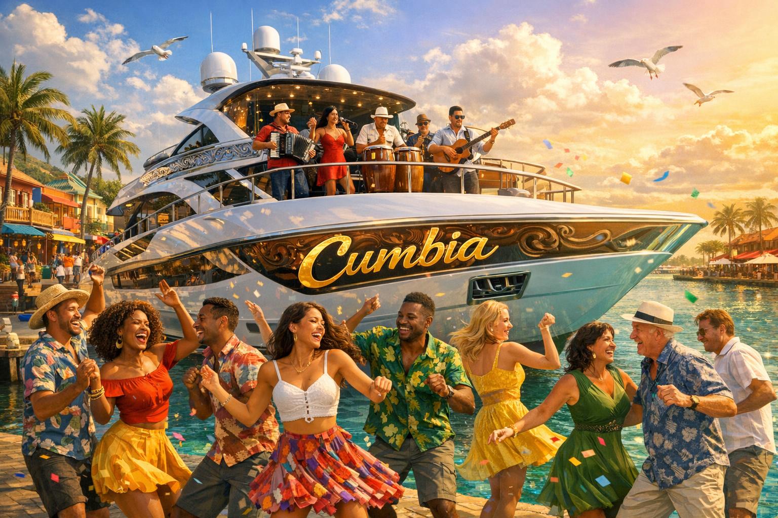 Yacht Cumbia a bunch of people on an island dance the cumbia in front of a yacht with "Cumbia" written on it, and a cumbia band playing on deck